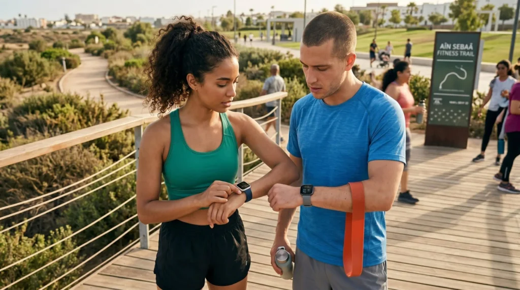 Apple Watch SE vs Fitbit Versa 4 side-by-side comparison 2026 — both fitness smartwatches showing heart rate display