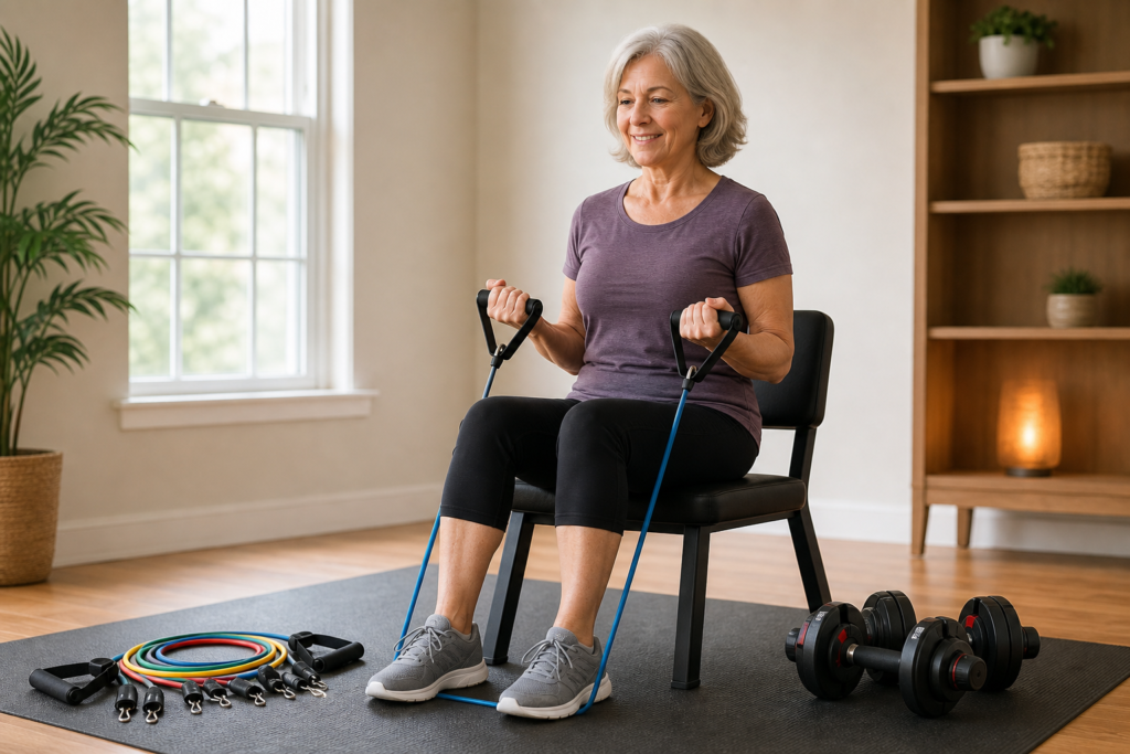 woman over 60 using resistance bands with dumbbells nearby for home strength training