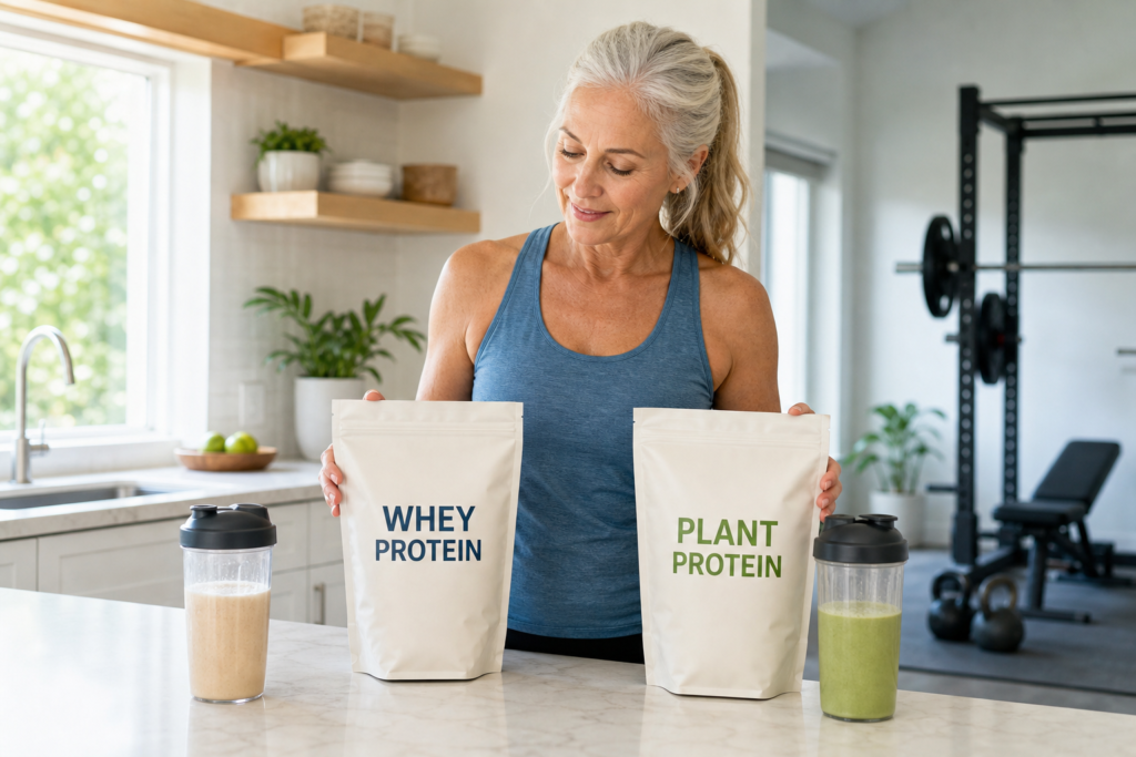 Woman over 50 comparing whey protein and plant protein powders with protein shakes
