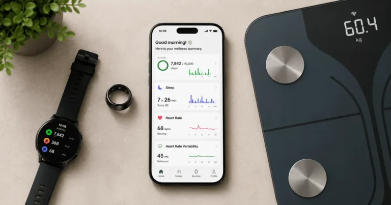 Health fitness technology devices in 2026: smartwatch, smart ring, smart scale and wellness app dashboard