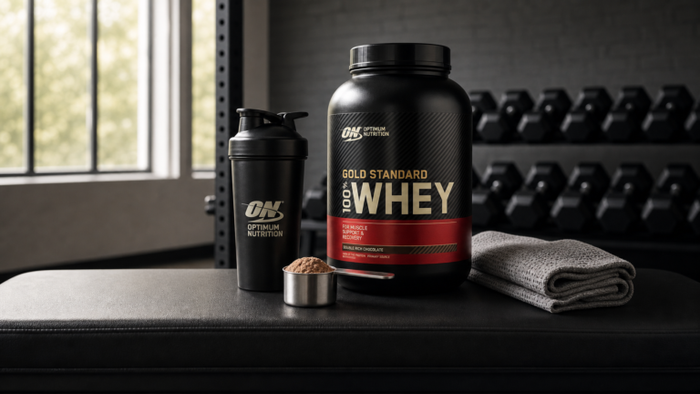 Optimum Nutrition Gold Standard whey protein with shaker and chocolate protein scoop