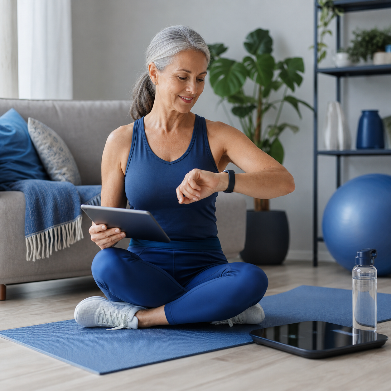 Active woman over 50 checking a smartwatch and tablet in a calm home wellness space