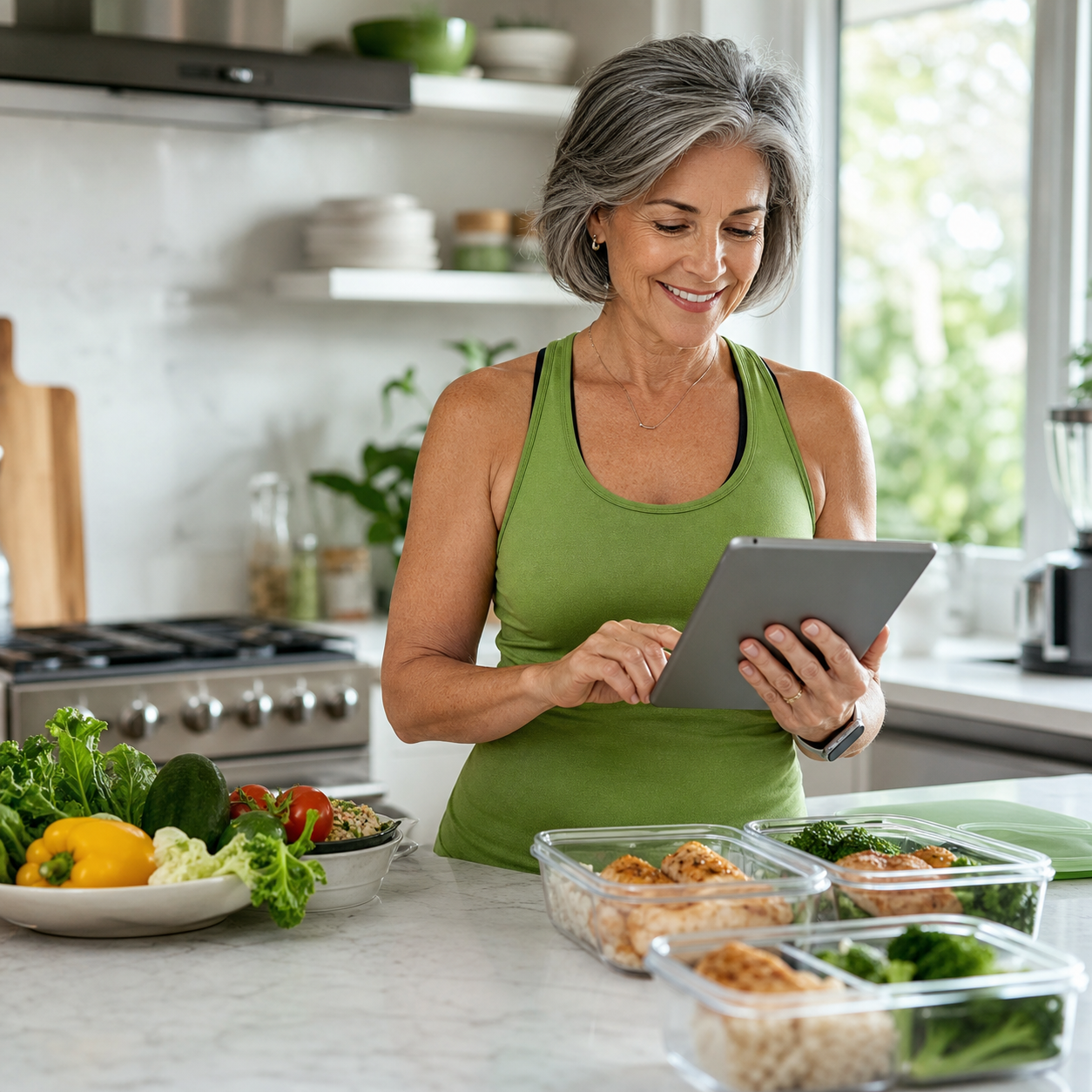 Active woman over 50 preparing healthy meal prep and using a nutrition tablet